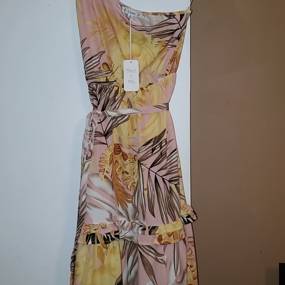 Yellow and Brown Tiered One Shoulder Sundress